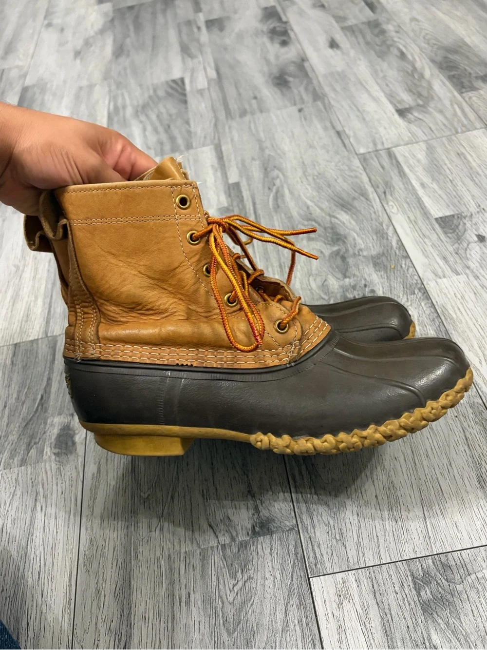 L.L. Bean Two-Tone Brown/Tan Duck Bean Boots with Lace-Up Closure Made in Maine